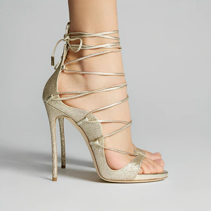 Round Toe Gladiator Lace-up Stiletto Sandals | Onlymaker Hot Sale