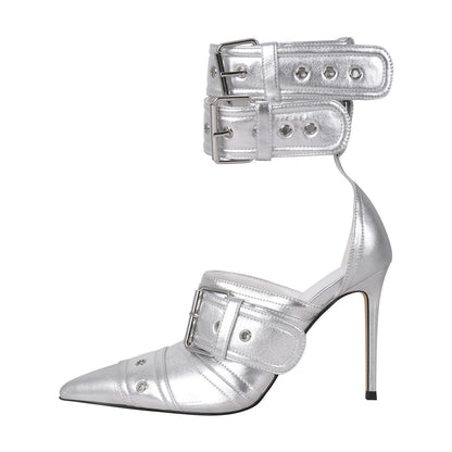 Double Buckle Strap Pointed Toe Stiletto Pumps | Onlymaker Premium