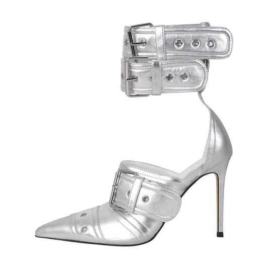 Double Buckle Strap Pointed Toe Stiletto Pumps | Onlymaker Premium