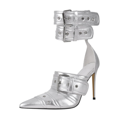 Double Buckle Strap Pointed Toe Stiletto Pumps | Onlymaker Premium