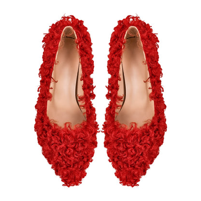 Fluffy Pointed Toe Stiletto High Heel Pumps | Onlymaker Exclusive