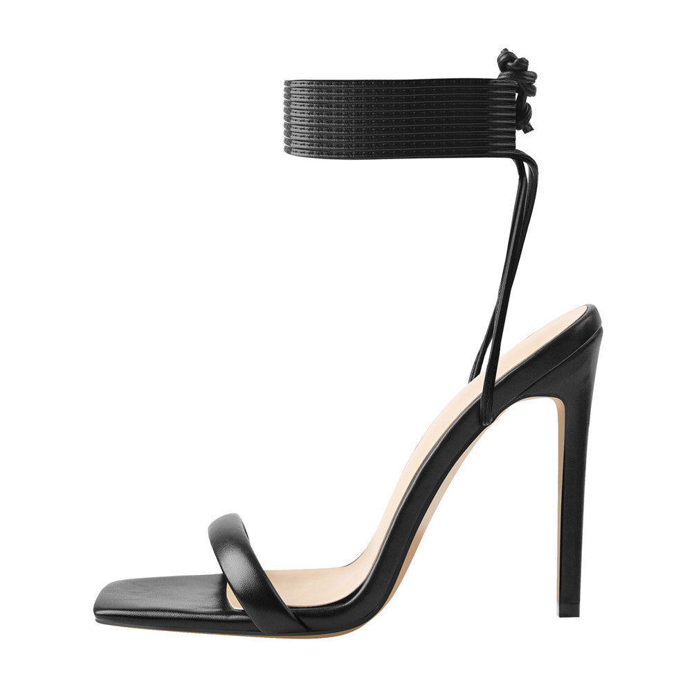 Black Square Toe Stilettos High Heel Sandals | Onlymaker Featured