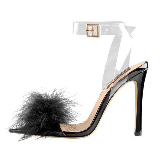 Black Feather High Heel Clear Strap Stilettos Sandals | Onlymaker Special Offer
