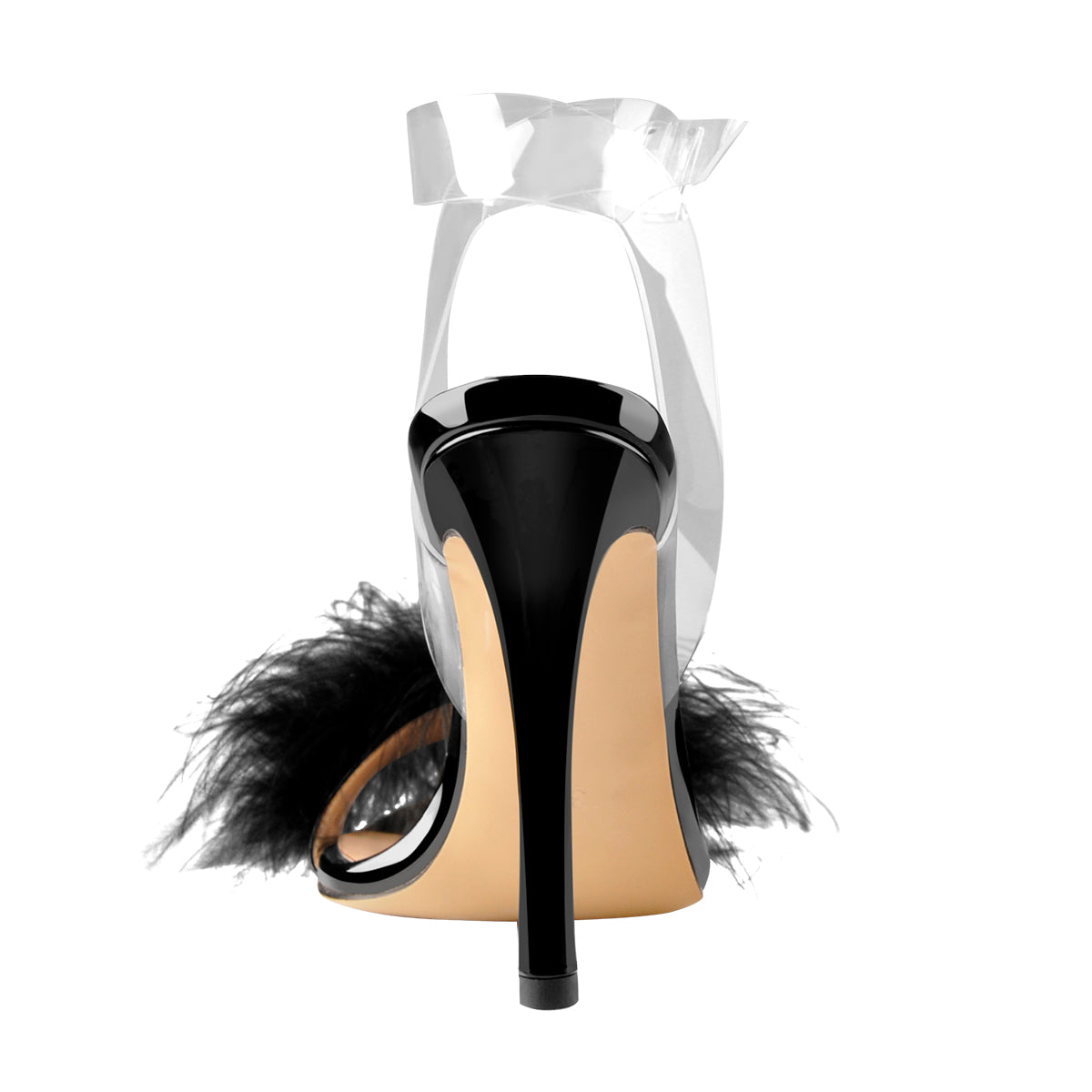 Black Feather High Heel Clear Strap Stilettos Sandals | Onlymaker Special Offer