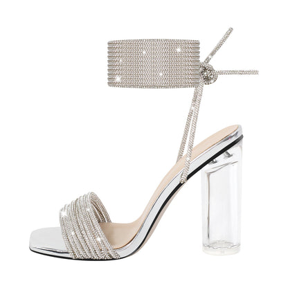 Strap Rhinestone Clear Chunky Heel Lace-up Sandals | Onlymaker Value