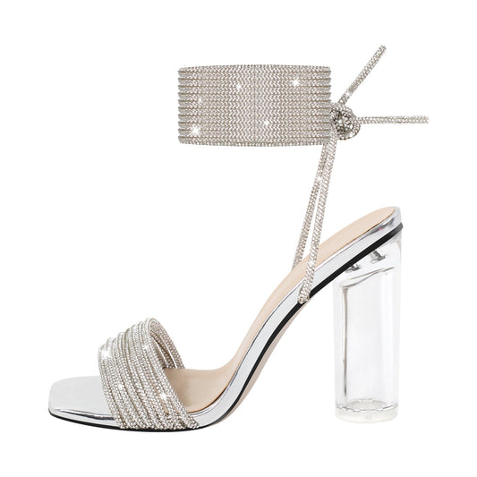Strap Rhinestone Clear Chunky Heel Lace-up Sandals | Onlymaker Value