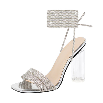 Strap Rhinestone Clear Chunky Heel Lace-up Sandals | Onlymaker Value