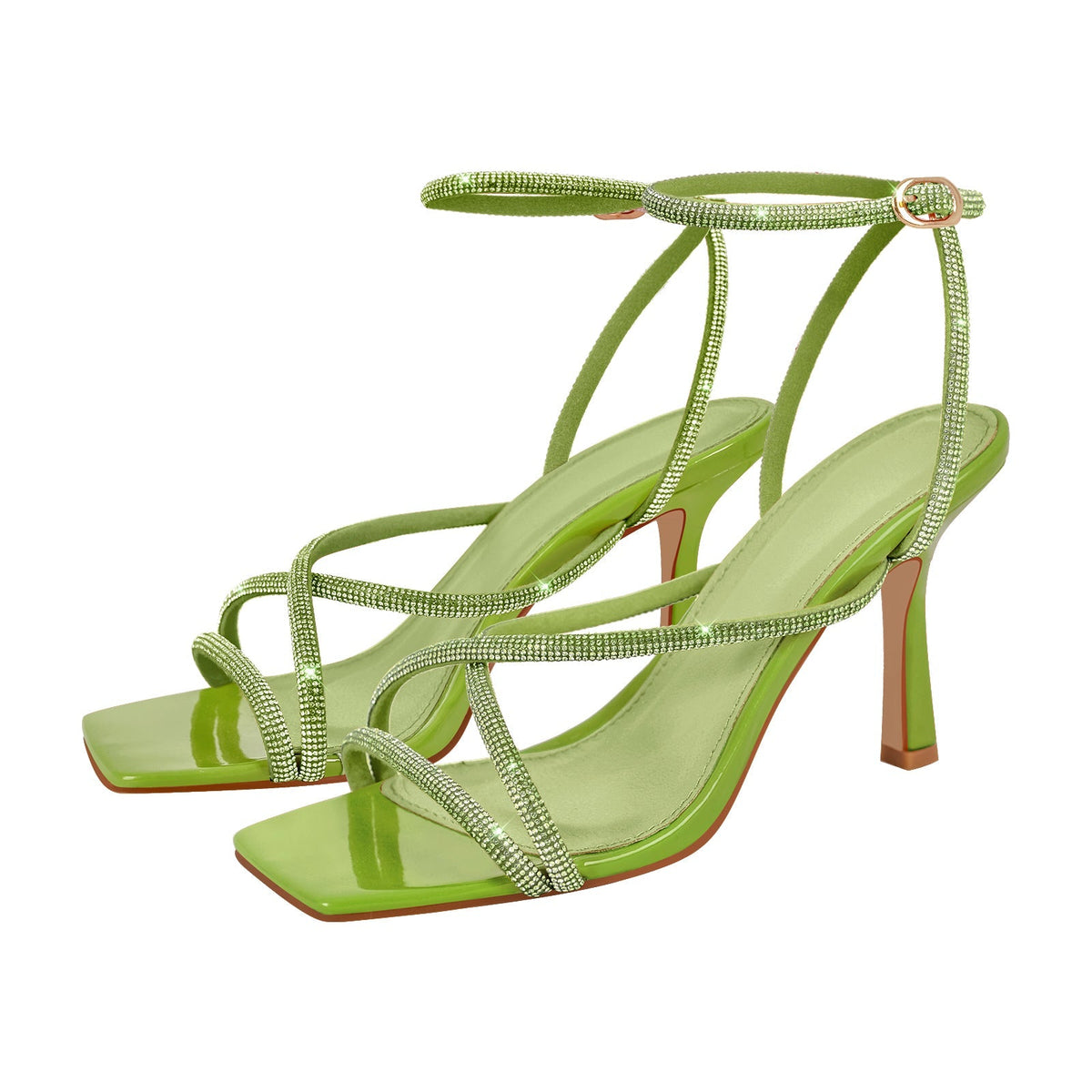 Square Toe Rhinestone Ankle Strap Stiletto Sandals | Onlymaker Quality