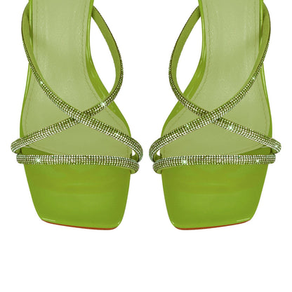 Square Toe Rhinestone Ankle Strap Stiletto Sandals | Onlymaker Quality