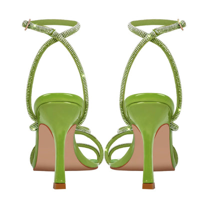 Square Toe Rhinestone Ankle Strap Stiletto Sandals | Onlymaker Quality