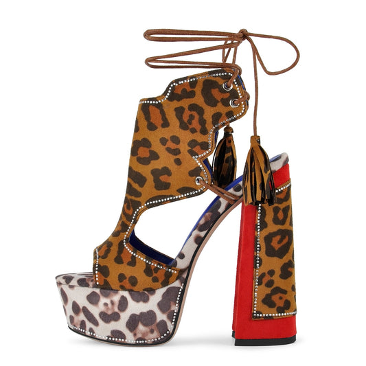 Leopard Rhinestone Tassel Lace-up Platform Sandals | Onlymaker Trending