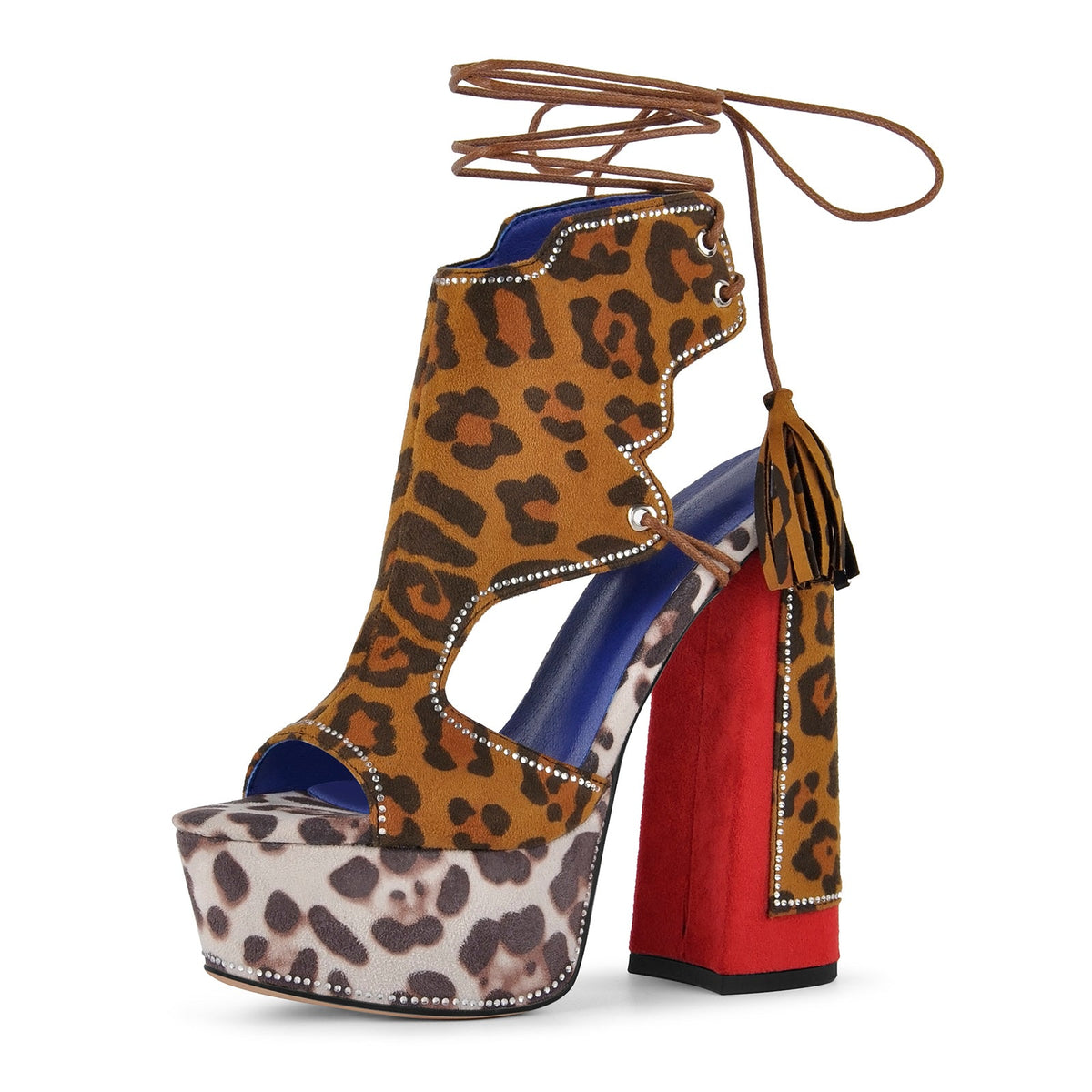 Leopard Rhinestone Tassel Lace-up Platform Sandals | Onlymaker Trending