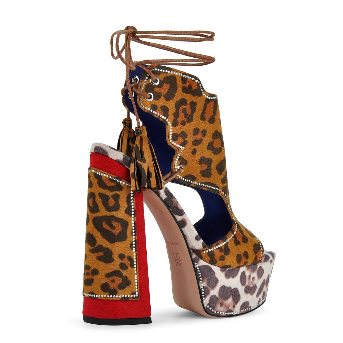 Leopard Rhinestone Tassel Lace-up Platform Sandals | Onlymaker Trending