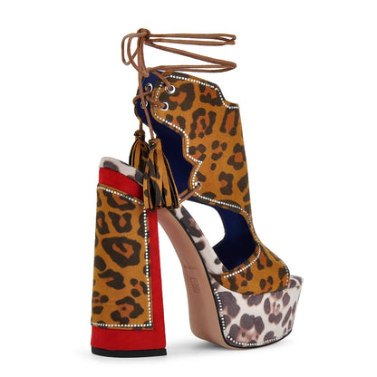 Leopard Rhinestone Tassel Lace-up Platform Sandals | Onlymaker Trending