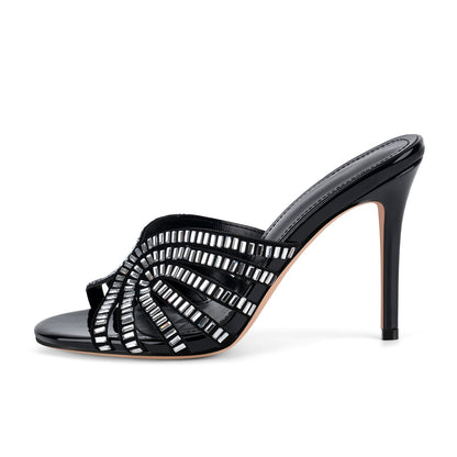 Round Toe Rhinestone Stiletto Mules | Onlymaker Customer Favorite