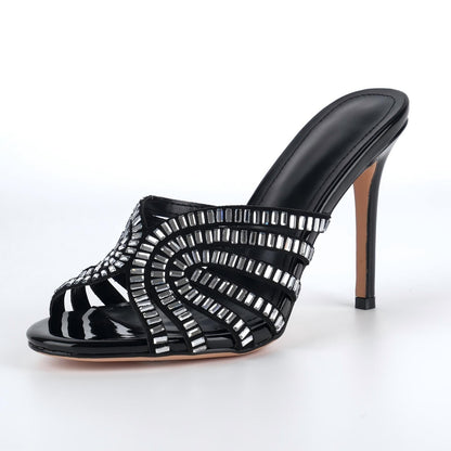 Round Toe Rhinestone Stiletto Mules | Onlymaker Customer Favorite