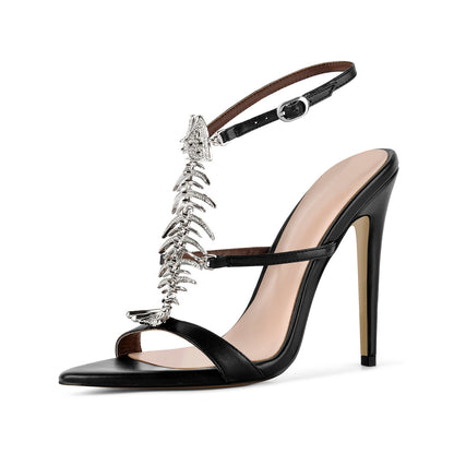 Pointed Toe Metal Fishbone Rhinestone Ankle Strap Sandals | Onlymaker Deals