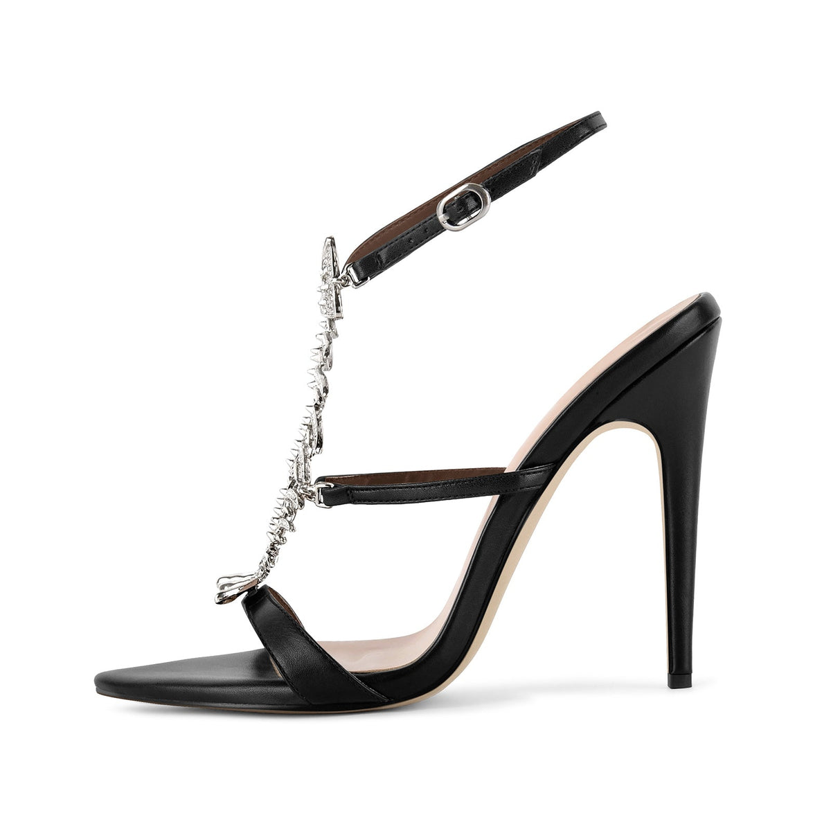 Pointed Toe Metal Fishbone Rhinestone Ankle Strap Sandals | Onlymaker Deals