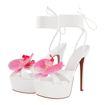 Round Toe Flower Platform Lace-up Stiletto Sandals | Onlymaker Quality