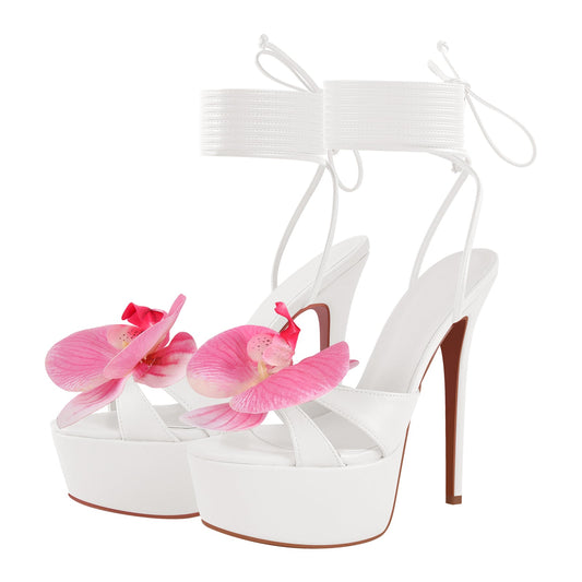 Round Toe Flower Platform Lace-up Stiletto Sandals | Onlymaker Quality