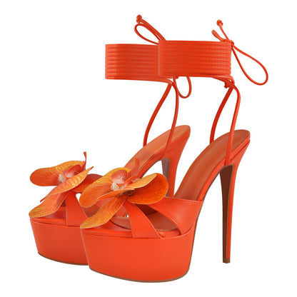 Round Toe Flower Platform Lace-up Stiletto Sandals | Onlymaker Quality