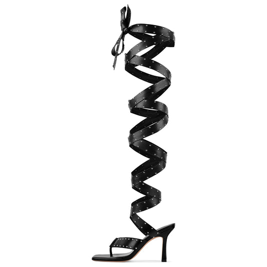 Square Toe Thong Rivet Strappy Lace-up Sandals | Onlymaker Top Pick