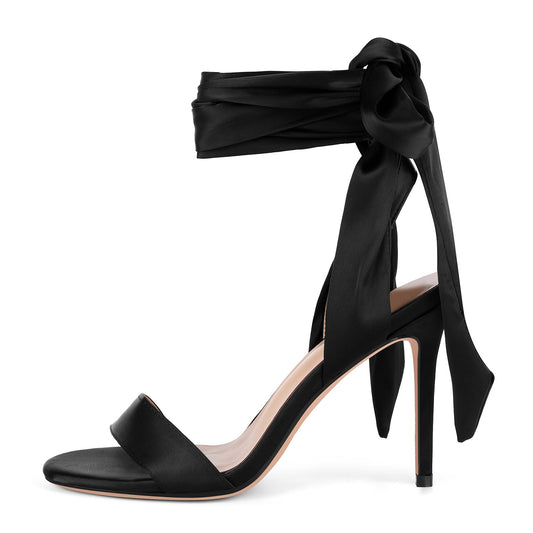 Round Toe Satin Lace-up Stiletto Sandals | Onlymaker Recommended