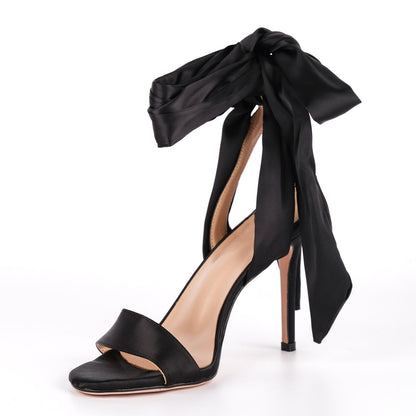 Round Toe Satin Lace-up Stiletto Sandals | Onlymaker Recommended