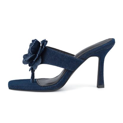 Square Toe Flower Denim Flip Flops Sandals | Onlymaker Trusted