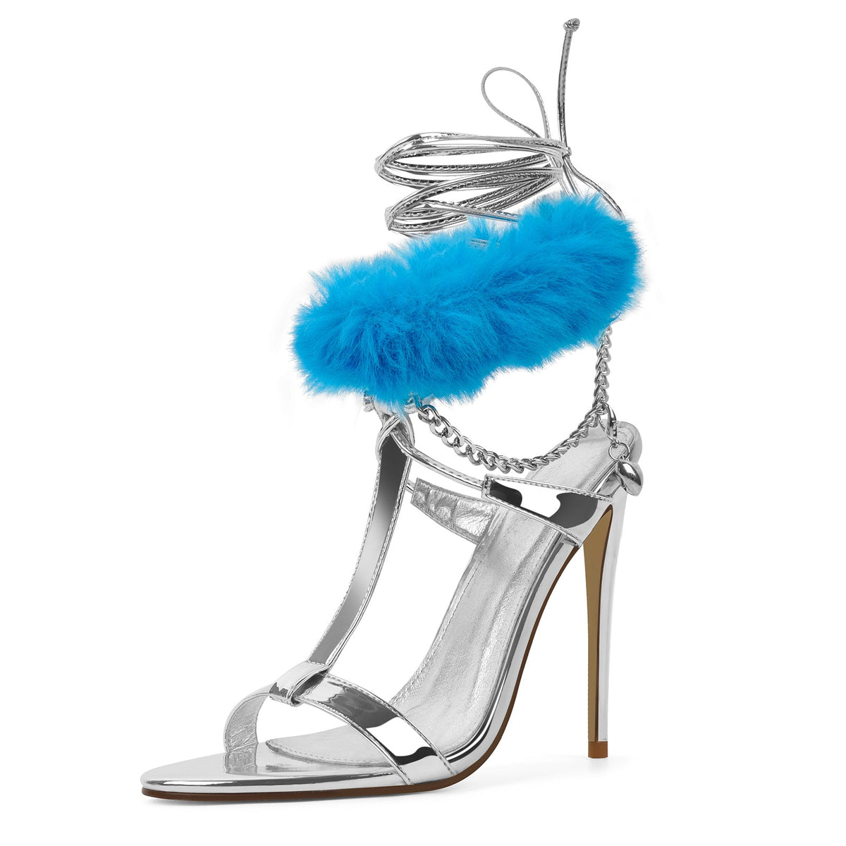 Round Toe Fur Metal Chain Lace-up Sandals | Onlymaker Value