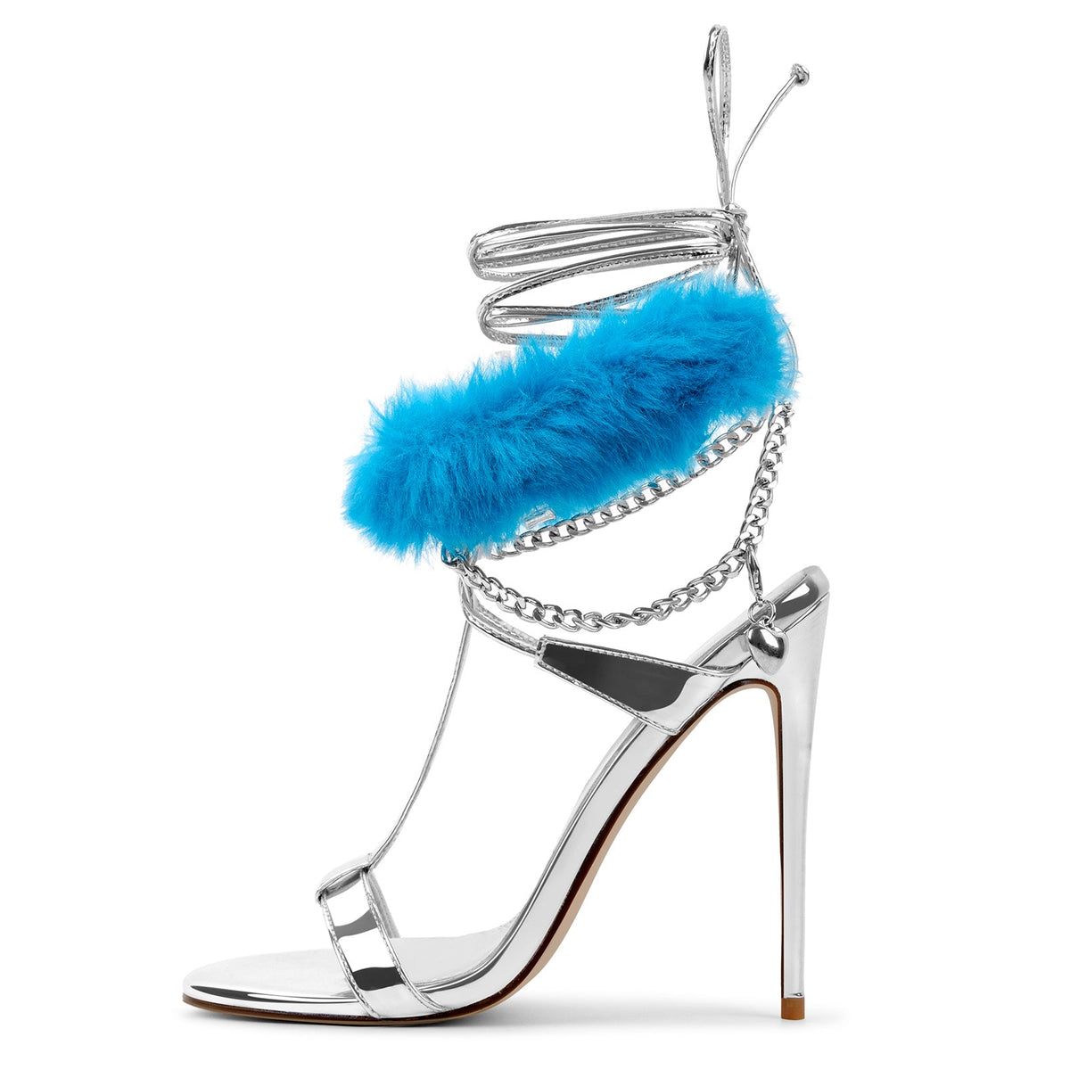 Round Toe Fur Metal Chain Lace-up Sandals | Onlymaker Value