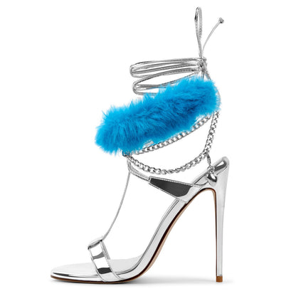 Round Toe Fur Metal Chain Lace-up Sandals | Onlymaker Value