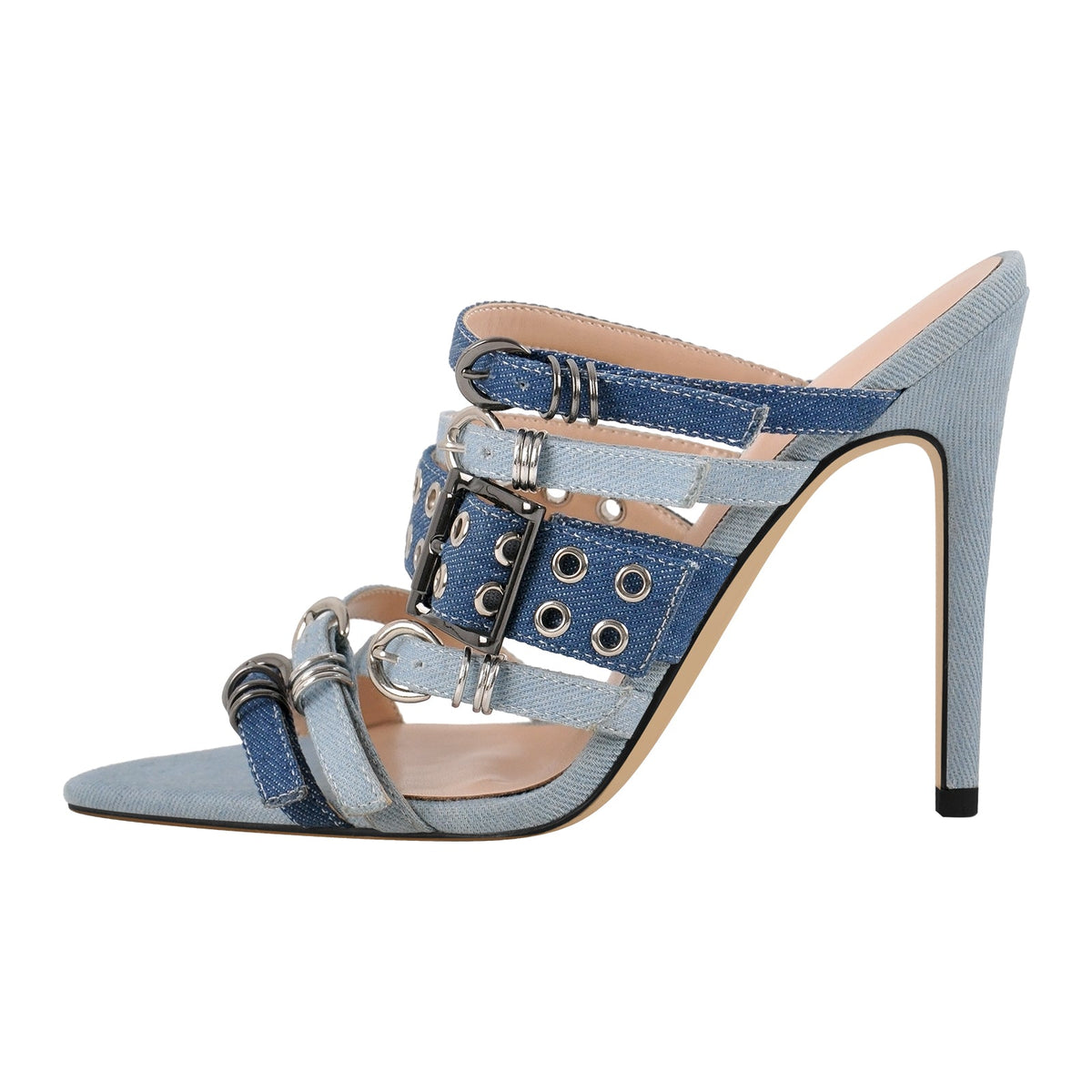 Denim Pointed Toe Buckle Straps Mules | Onlymaker Value