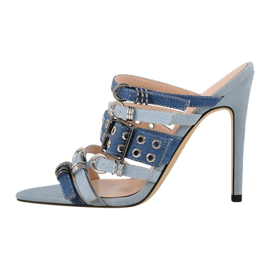 Denim Pointed Toe Buckle Straps Mules | Onlymaker Value