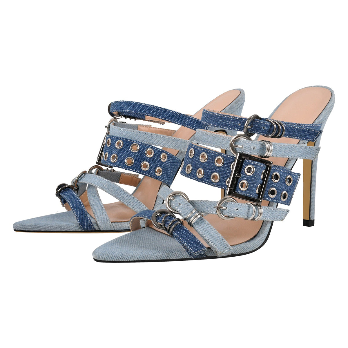 Denim Pointed Toe Buckle Straps Mules | Onlymaker Value