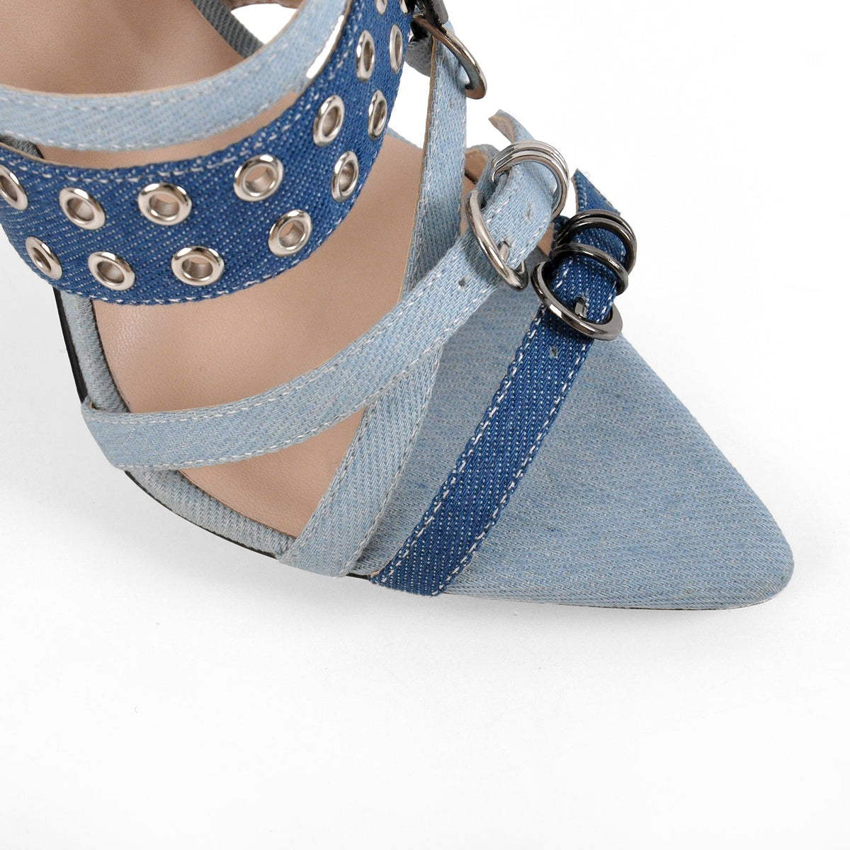 Denim Pointed Toe Buckle Straps Mules | Onlymaker Value