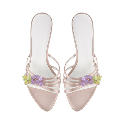 Pointed Toe Satin Grape Bead Embellished Mules | Onlymaker Latest
