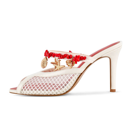 Peep Toe Mesh Ocean Pendant Mule Sandals | Onlymaker Exclusive