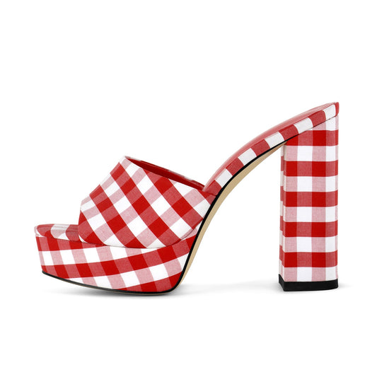 Round Toe Platform Plaid Chunky Heel Mules | Onlymaker Great Value