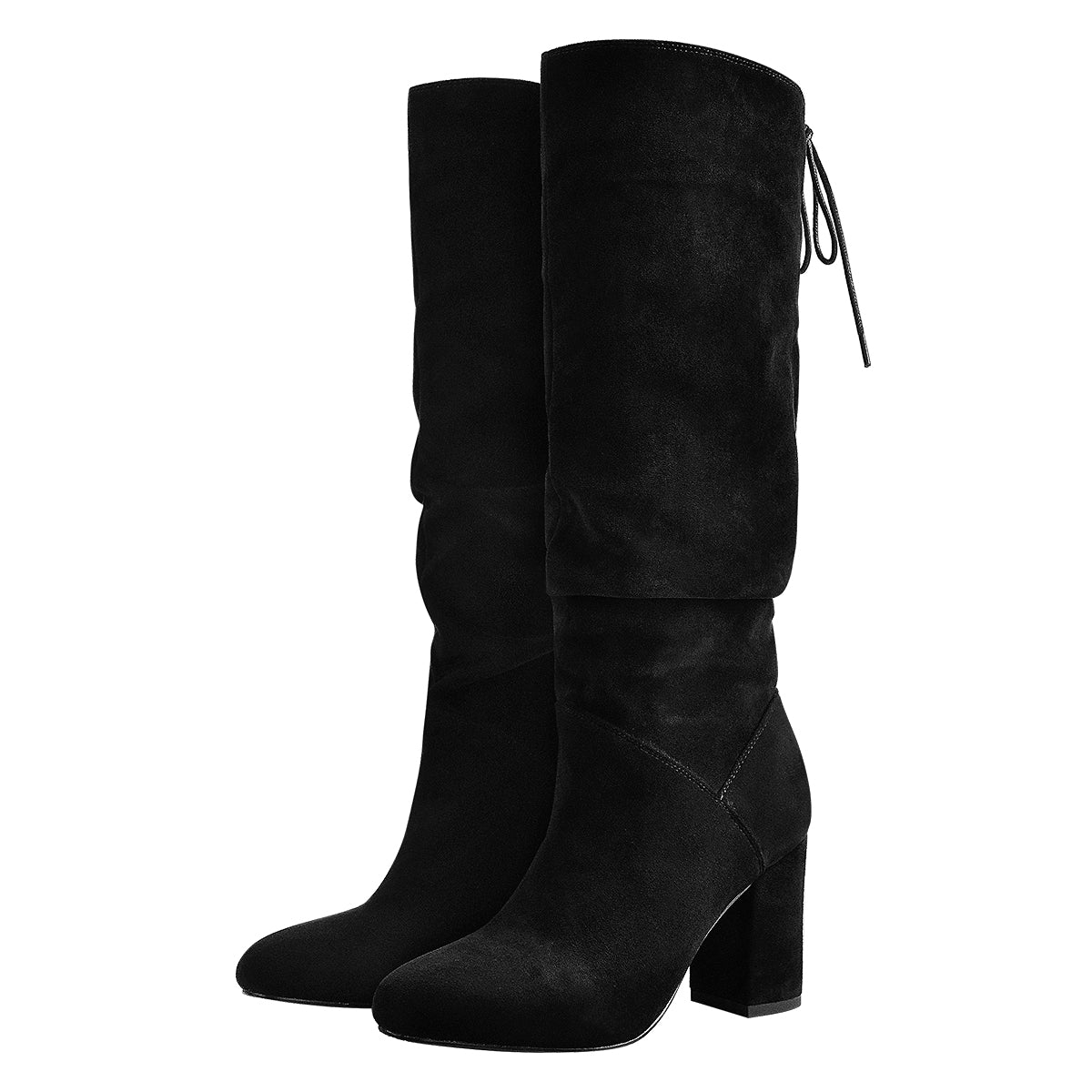 Black Suede Round Toe Chunky Heels Boots | Onlymaker Hot Sale