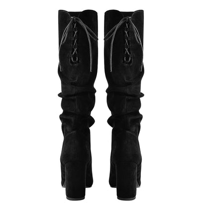 Black Suede Round Toe Chunky Heels Boots | Onlymaker Hot Sale