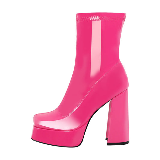 Patent Leather Square Toe Chunky Heel Ankle Boots | Onlymaker Value
