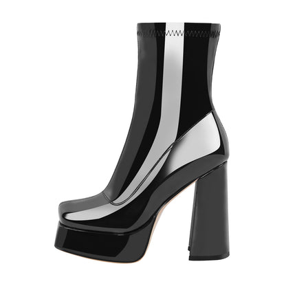 Patent Leather Square Toe Chunky Heel Ankle Boots | Onlymaker Value
