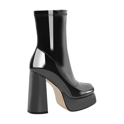 Patent Leather Square Toe Chunky Heel Ankle Boots | Onlymaker Value