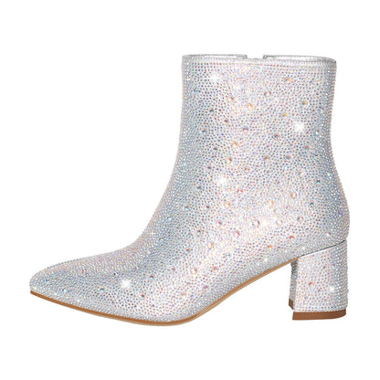 Rhinestone Pointed Toe Chunky Heel Ankle Boots | Onlymaker Trusted