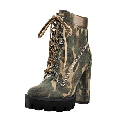 Camouflage Round Toe Platform Chunky Heels Ankle Boots | Onlymaker Featured
