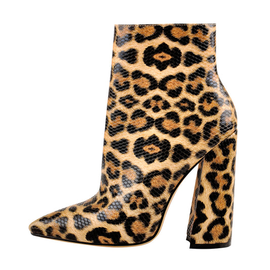 Leopard Pointed Toe High Heels Chunky Block Ankle Booties | Onlymaker Classic