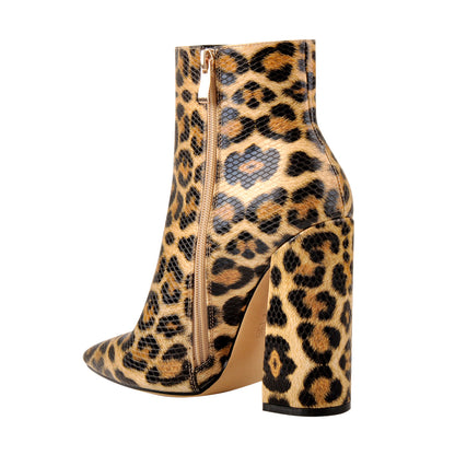 Leopard Pointed Toe High Heels Chunky Block Ankle Booties | Onlymaker Classic