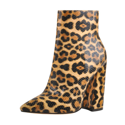 Leopard Pointed Toe High Heels Chunky Block Ankle Booties | Onlymaker Classic