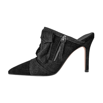 Denim Pointed Toe Stiletto Mules Pumps | Onlymaker Everyday